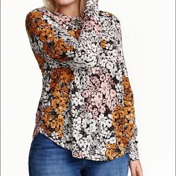 H&M Floral Sheer tunic Long Sleeve Blouse Peasant Mock High Neck button up -2 - Picture 1 of 12